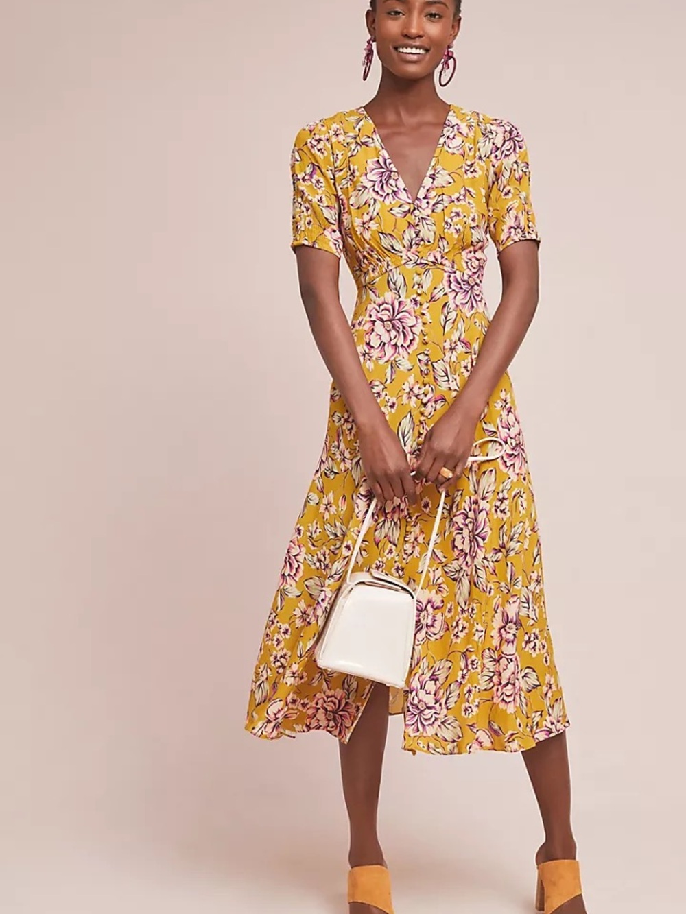 Kachel x Anthropologie Thea Midi Dress gold floral print V neck Button Details 8 - Picture 2 of 11